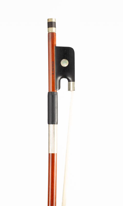 A nickel-mounted cello bow, branded R. Paesold