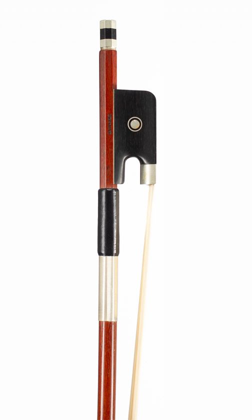 A nickel-mounted cello bow, branded Schicker