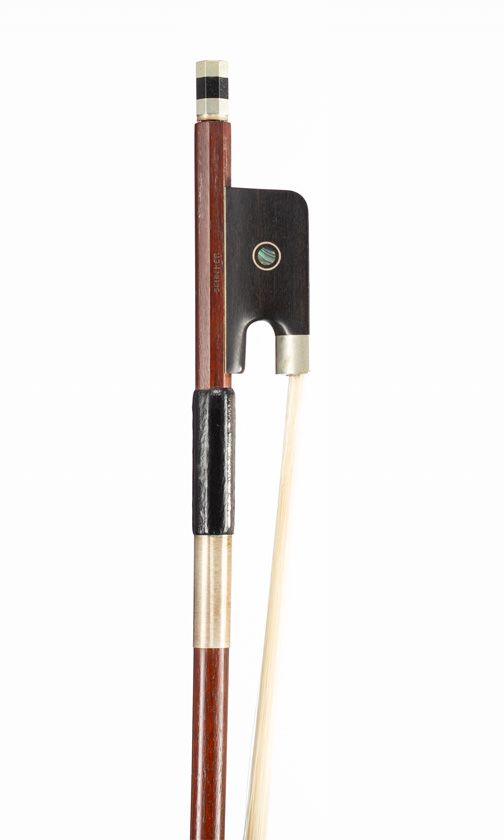 A nickel-mounted cello bow, branded Schicker