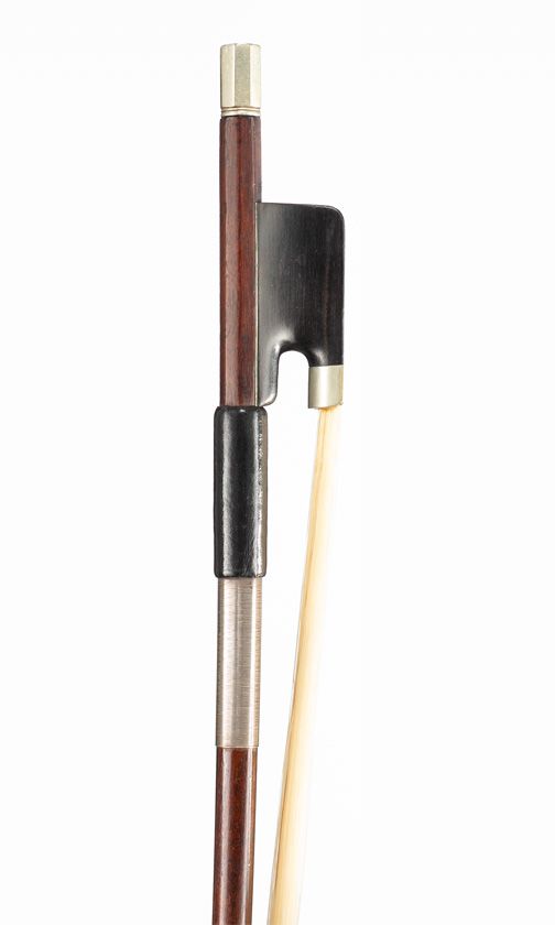 A quarter-sized cello bow, nickel-mounted, unbranded