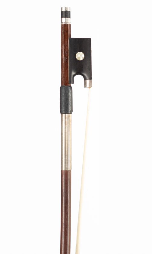 A half-sized violin bow, silver-mounted, faintly branded