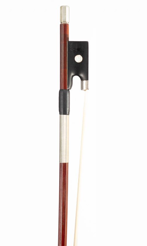 A half-sized violin bow, silver-mounted, faintly branded with the Pfretzschner crest