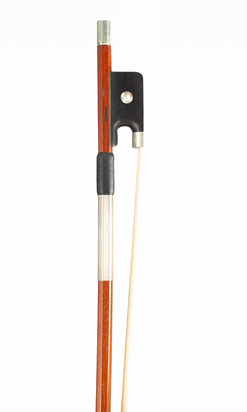 A nickel-mounted viola bow, branded P. Hoyer