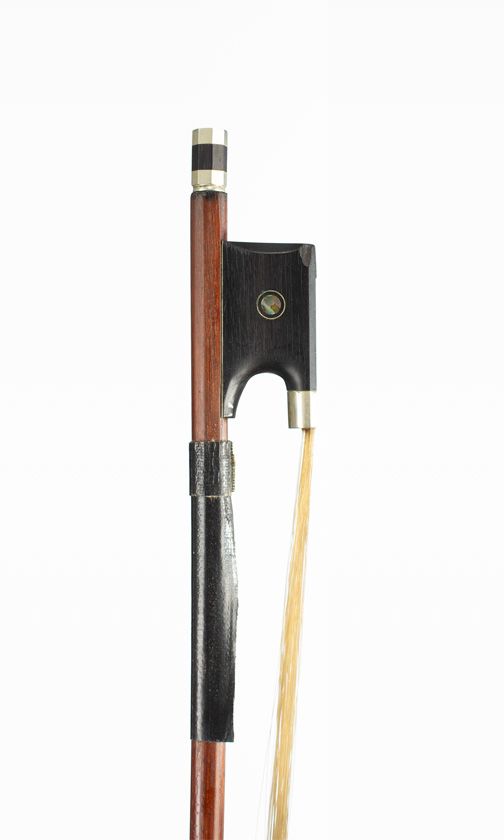 A nickel-mounted violin bow, branded Techler
