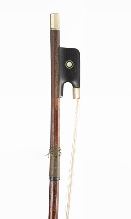 A nickel-mounted violin bow, branded [indistinctly]