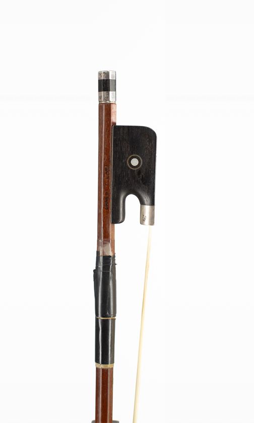 A silver-mounted cello bow, branded Ernest F. Lant