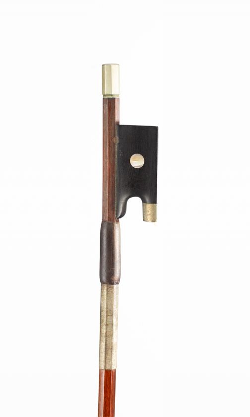 A nickel-mounted violin bow, branded V. Benoit [?]