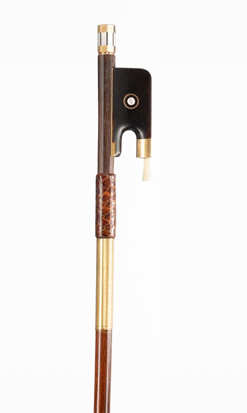 A gold and resin-mounted viola bow, branded E. Sartory A Paris