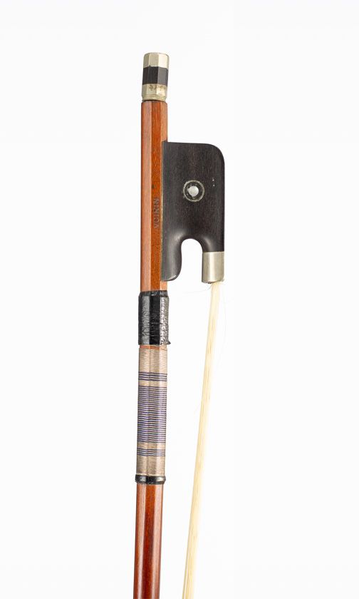 A nickel-mounted cello bow, branded Voirin