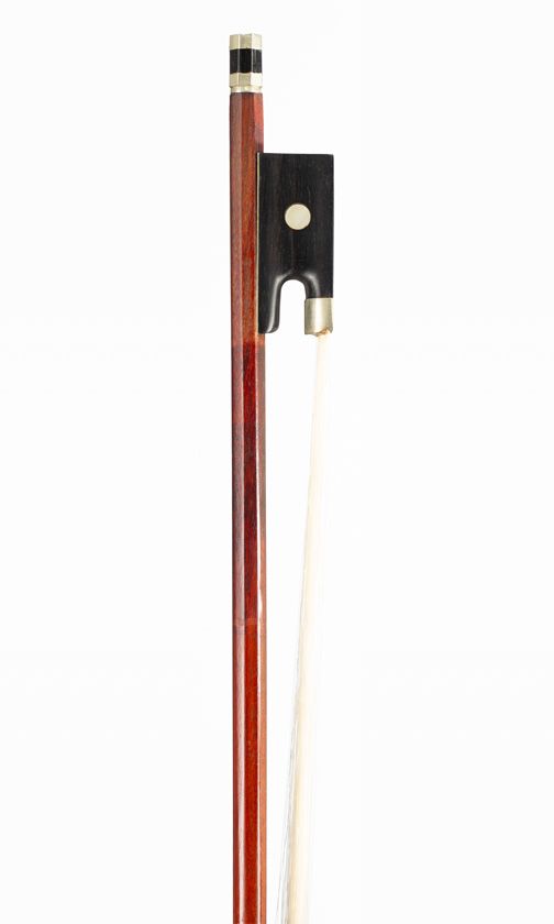 A nickel-mounted violin bow, branded Sarasate