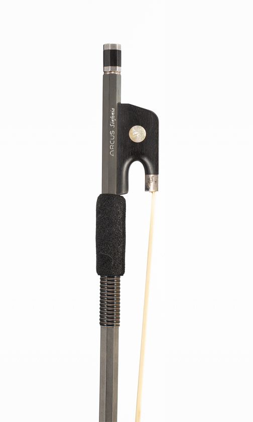 A silver-mounted carbon fibre cello bow, branded Arcus Sinfonia