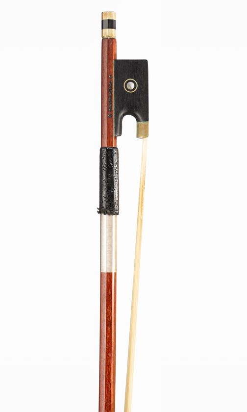 A nickel-mounted violin bow, branded Walter Mettal
