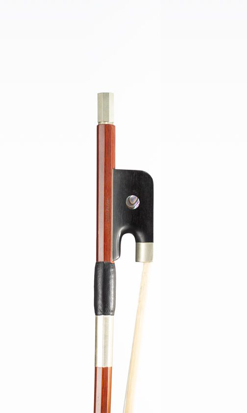 A nickel-mounted double-bass bow, branded Erich Steiner