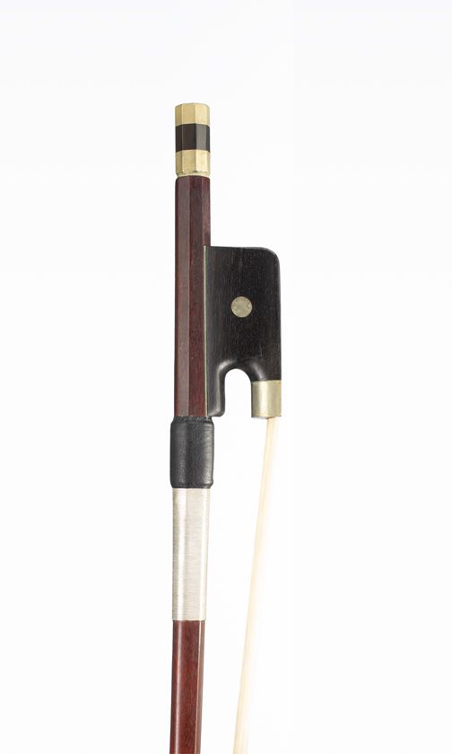 A nickel-mounted double-bass bow, branded Duchene...