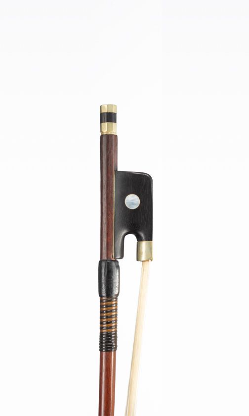 A nickel-mounted double-bass bow, faintly branded Arnold Voigt