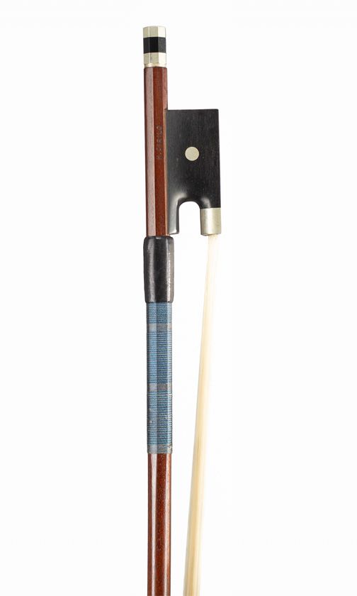 A nickel-mounted violin bow, branded H. Cirilo