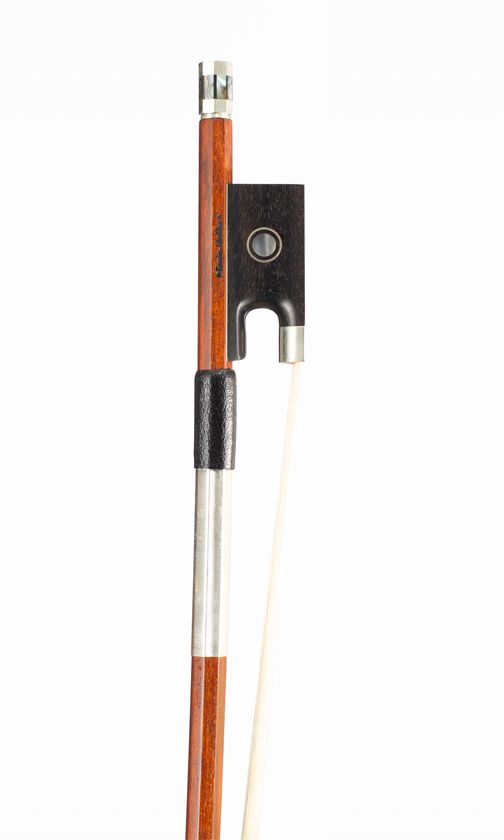 A nickel-mounted violin bow, branded Erwin Mahler