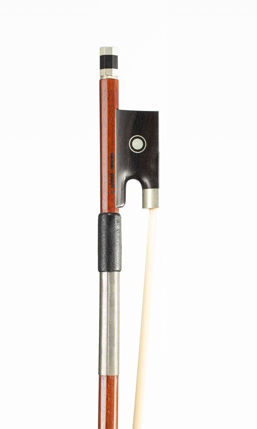 A nickel-mounted violin bow, branded G. Lozer - Brasil