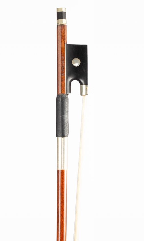 A nickel-mounted violin bow, branded R. Paesold