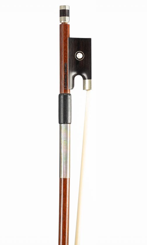 A nickel-mounted violin bow, branded J. Barbosa, Brasil