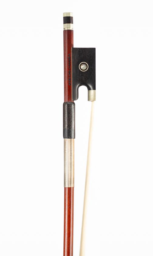 A nickel-mounted violin bow, branded Atelier Casara, Brasil