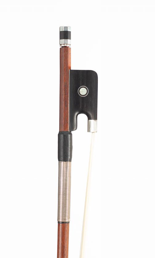 A silver-mounted cello bow, branded Marco Raposo