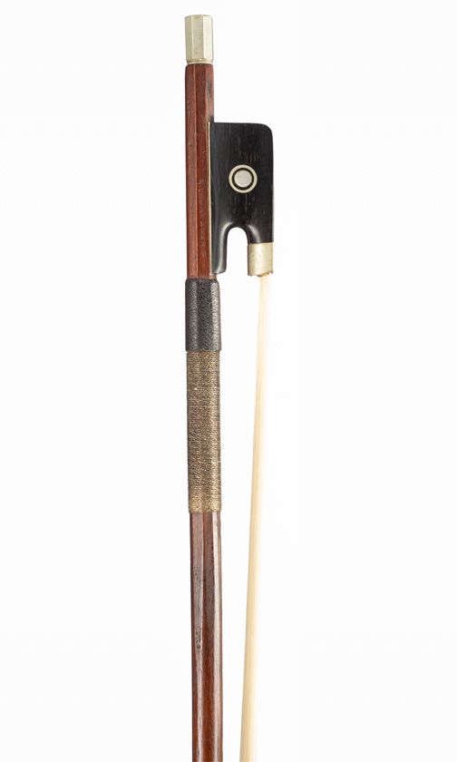 A nickel-mounted violin bow, branded N. Laury a Paris Attributed to Francois Lotte