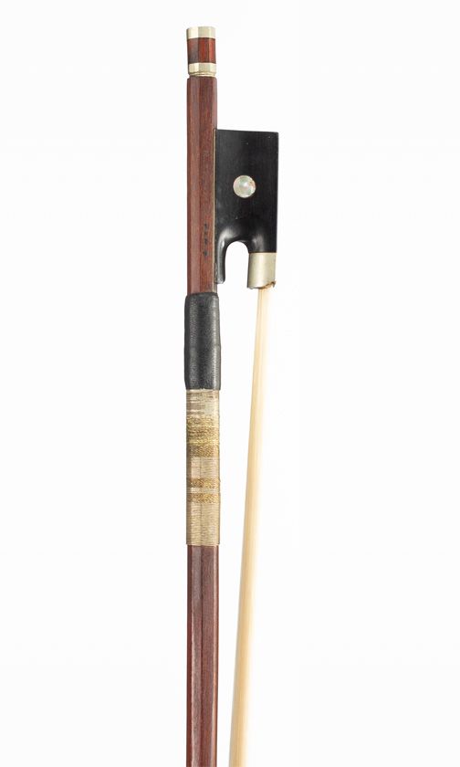 A nickel-mounted violin bow, branded N. Laury a Pari, attributed to Francois Lotte