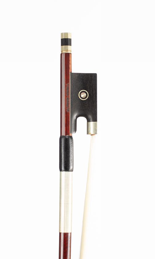 A nickel-mounted violin bow, branded Alfred Knoll