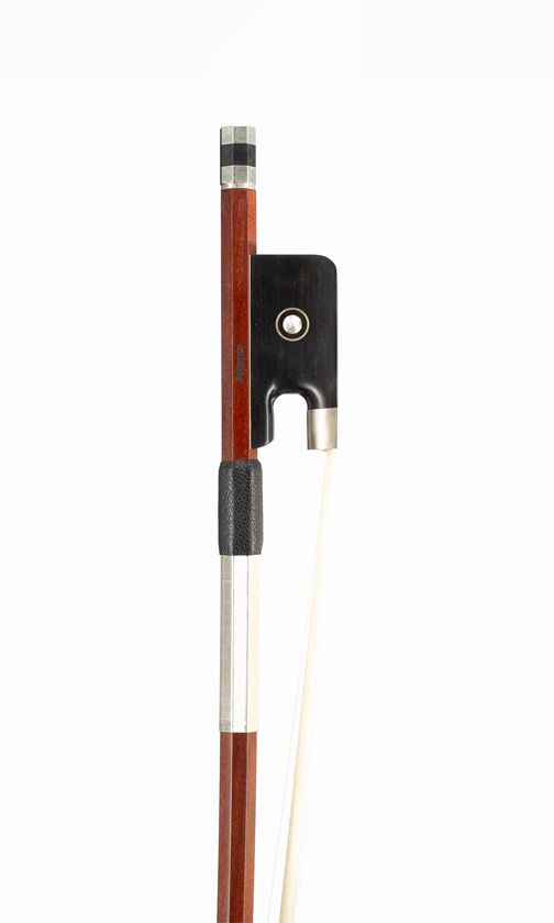 A nickel-mounted cello bow, branded P. Hoyer