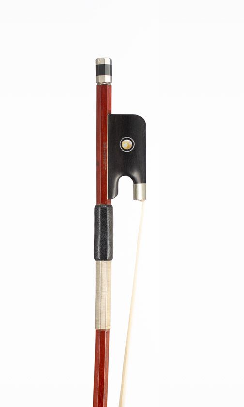 A nickel-mounted cello bow, branded J. Channing