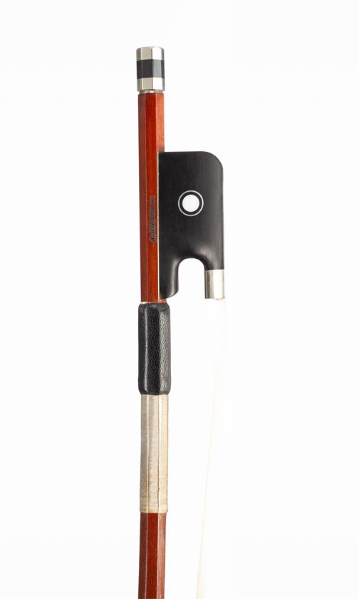 A nickel-mounted cello bow, branded J. Channing