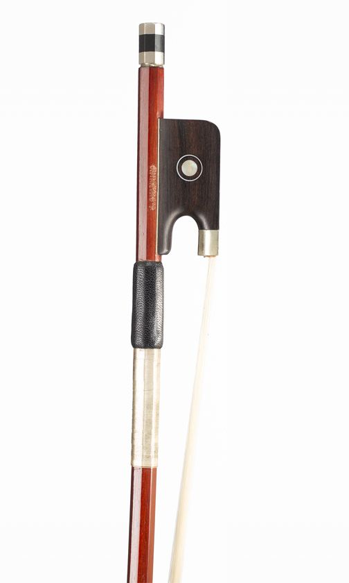 A nickel-mounted cello bow, branded J. Channing