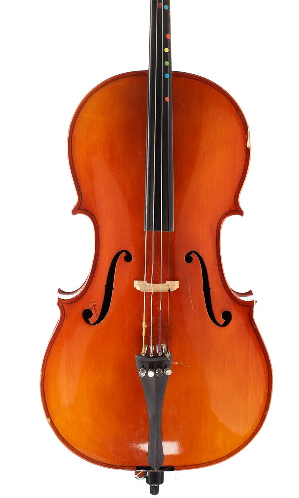Two half-sized cellos, labelled B&H and The Stentor Student