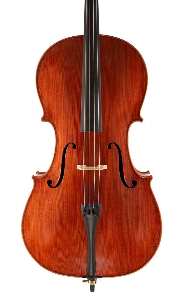 A cello, labelled LuXi Workshop