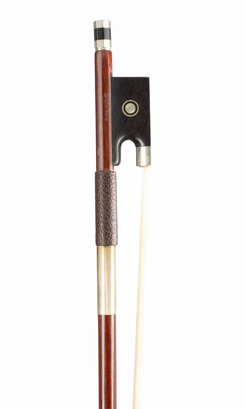 A three-quarter sized violin bow, nickel-mounted, branded Paesold
