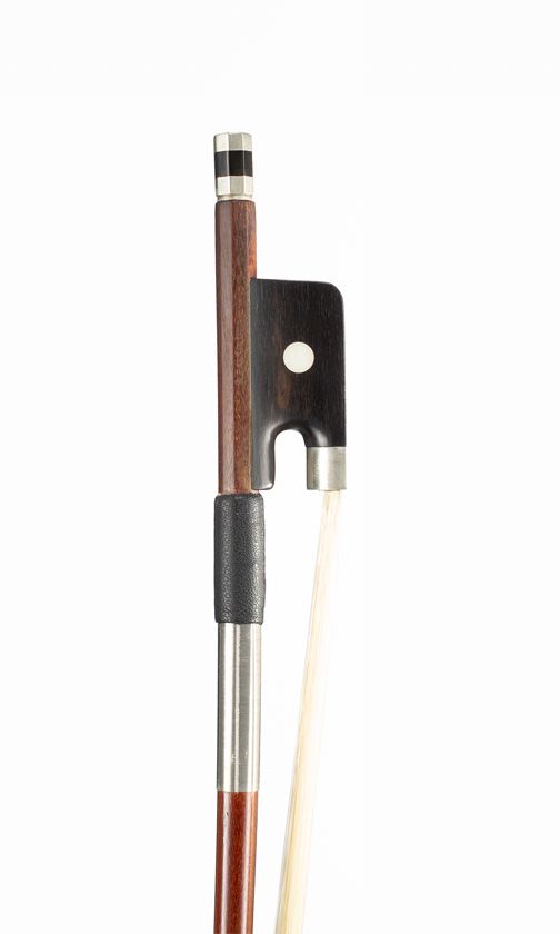 A three-quarter sized cello bow, nickel-mounted, unbranded