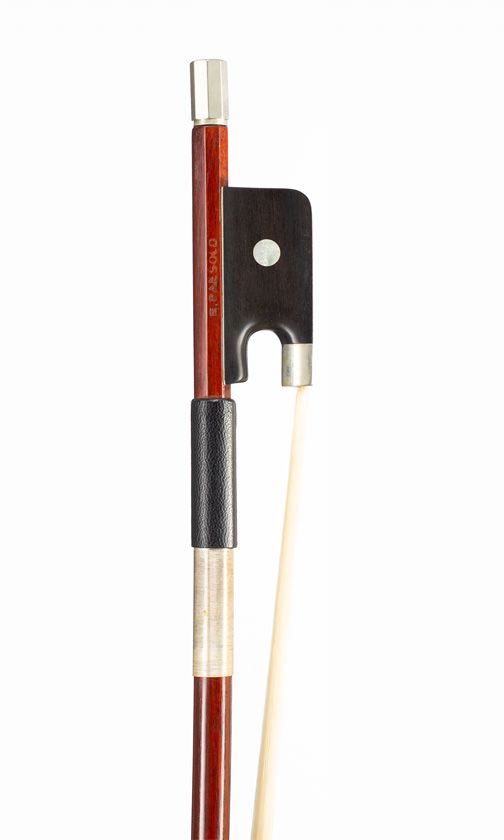 A three-quarter sized cello bow, nickel-mounted cello bow, branded R. Paesold