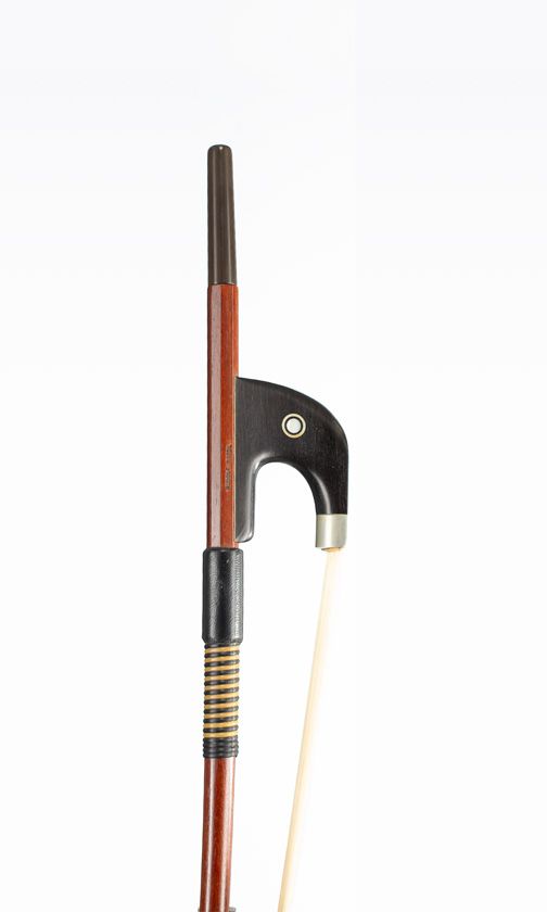A nickel-mounted double-bass bow, branded Rudolf Riedl