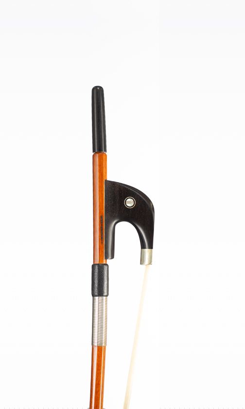 A nickel-mounted double-bass bow, branded V. Schaeffer - Brasil
