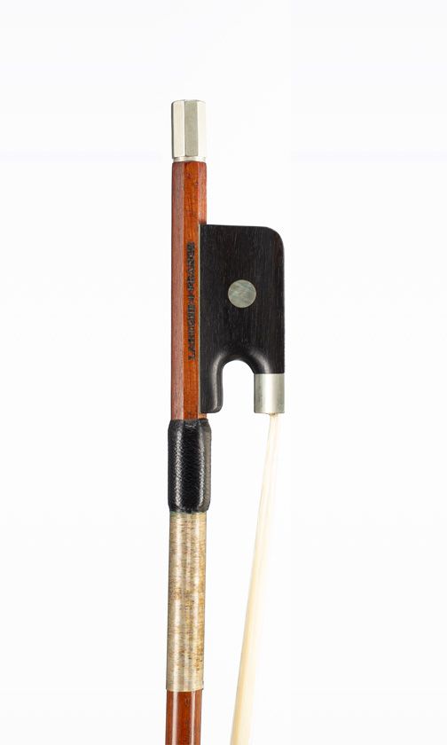 A nickel-mounted cello bow, branded Laroche France