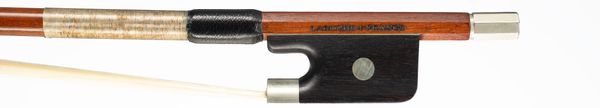 A nickel-mounted cello bow, branded Laroche France