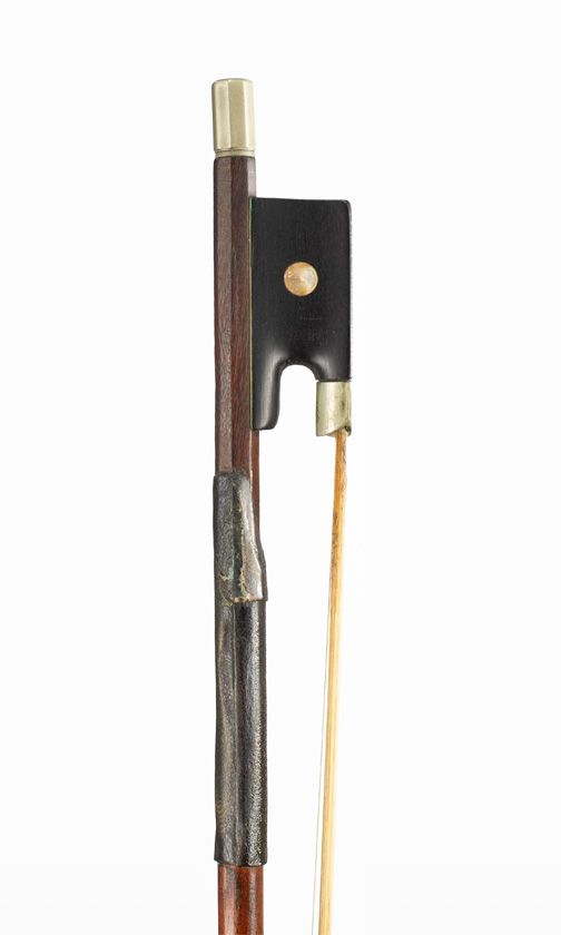 A nickel-mounted violin bow, branded Louis Bazin