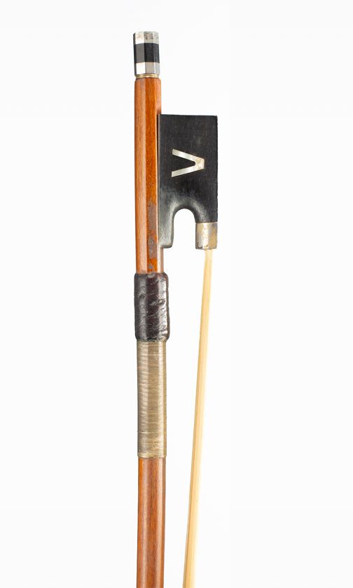 A nickel-mounted violin bow, branded J. E. Vickers