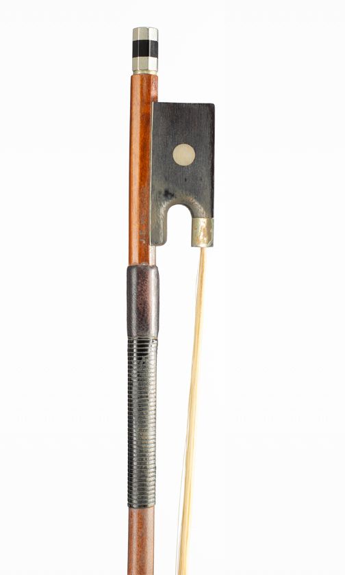 A nickel-mounted violin bow, branded J. E. Vickers