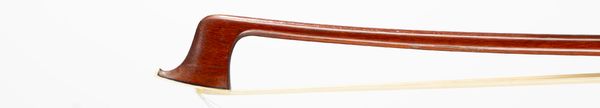 A nickel-mounted violin bow, branded Bausch