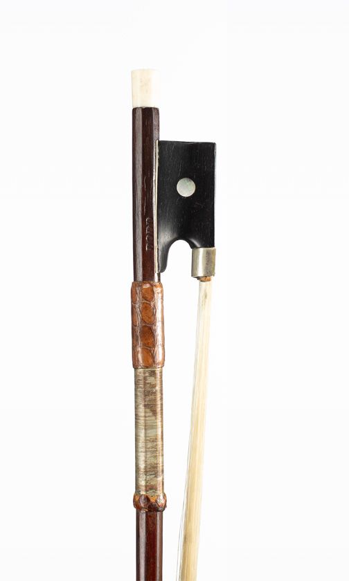 A nickel-mounted violin bow, branded Dodd