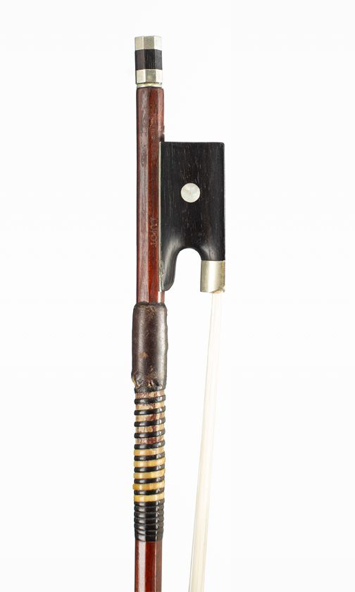 A nickel-mounted violin bow, branded Lupot