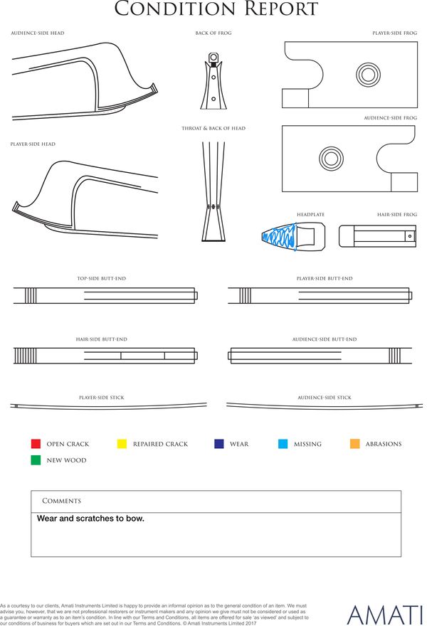 A nickel-mounted violin bow, unbranded - condition report