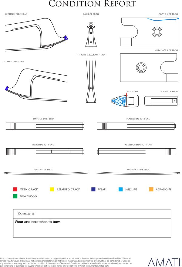 A nickel-mounted violin bow, unbranded - condition report